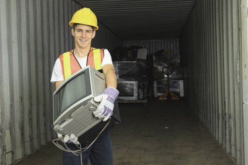 Illustration of waste management process and recycling operations in an urban setting.